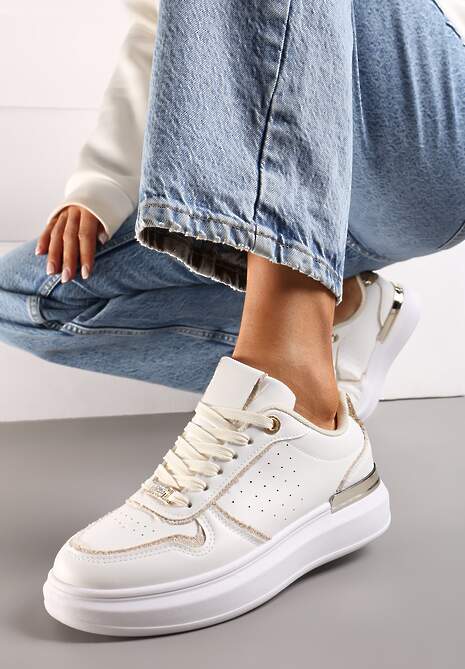 Beżowo-Białe Sneakersy na Platformie Ozdobione Brokatem i Metaliczną Wstawką Mexia