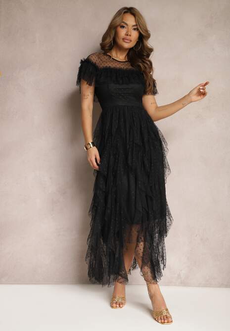 Czarna Rozkloszowana Sukienka z Transparentnymi Wstawkami z Koronki Saela