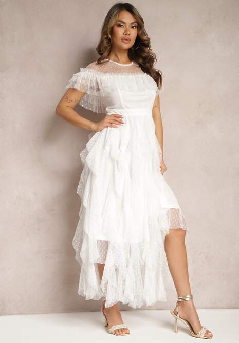 Biała Rozkloszowana Sukienka z Transparentnymi Wstawkami z Koronki Saela
