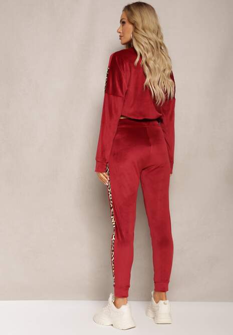 Bordowy Komplet Dresowy z Weluru z Krótką Bluzą i Spodniami Joggerami z Panterkowym Wzorem Limitta 4