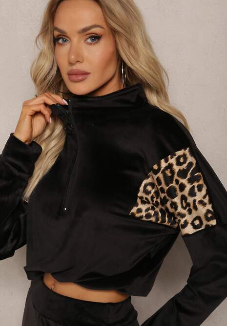 Set Trening Negru din Velur cu Bluză Scurtă și Pantaloni Jogger cu Imprimeu Leopard Limitta 5