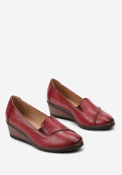 Bordowe Półbuty ze Skórzaną Wkładką na Koturnie z Przeszyciami i Elastyczną Wstawką Mifia 5