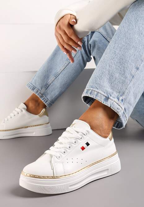 Biało-Złote Sneakersy na Platformie z Minimalistycznym Obszyciem Wokół Podeszwy Ansinrea