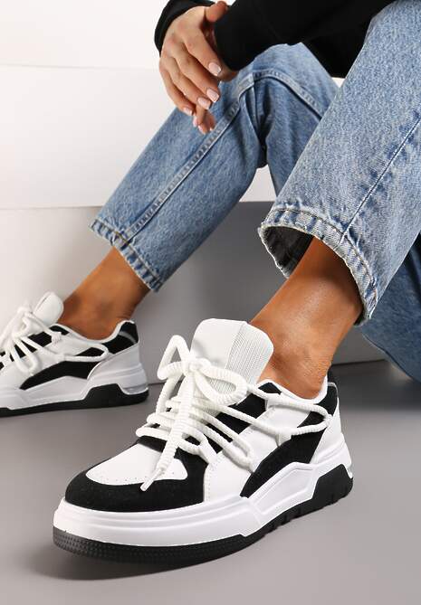 Biało-Czarne Sneakersy z Szerokimi Ozdobnymi Sznurówkami Naale