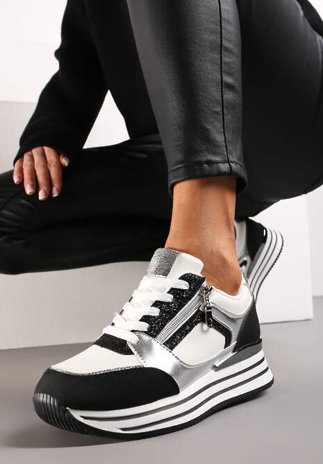 Czarno-Białe Sneakersy z Brokatowymi Wstawkami i Krótkim Suwakiem Naiwra