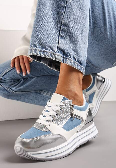 Niebieskie Sneakersy z Brokatowymi Wstawkami i Krótkim Suwakiem Naiwra
