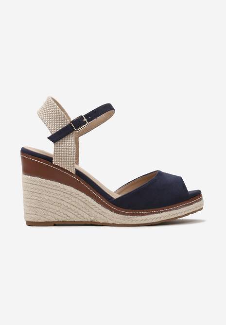 Granatowe Sandały na Koturnie Ozdobionym Plecionką z Juty Admerla 4