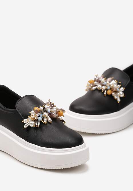 Czarne Sneakersy Ozdobione Koralikami i Kamyczkami na Wysokiej Platformie Walena 6