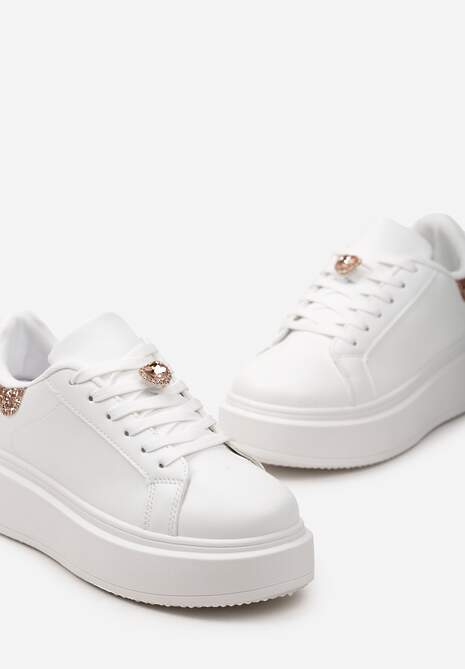 Sneakers Albi-Șampanie cu Inserție Sclipitoare și Pietre Strass la Șireturi Wineta 6