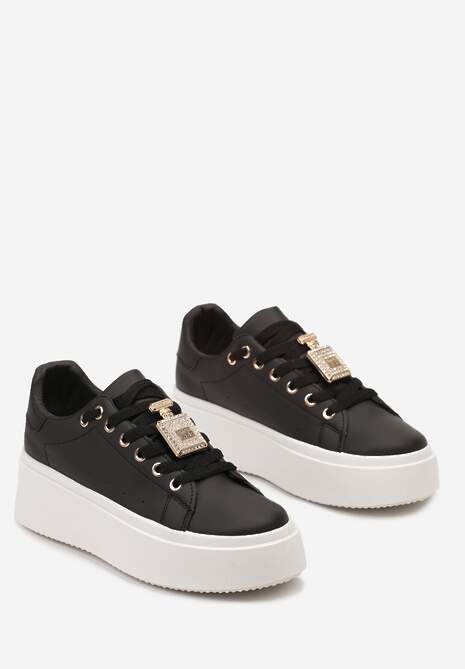 Sneakers Negri cu Pandantiv Metalic cu Strasuri pe Sireturi Edosa 5