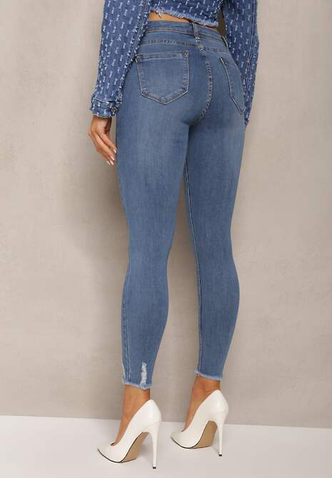 Niebieskie Jeansy o Fasonie Skinny Ozdobione Przetarciami Acindare 4