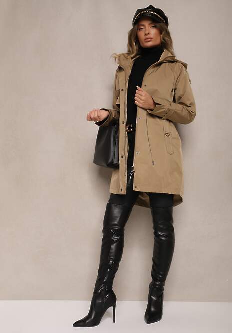 Ciemnobeżowy Płaszcz Kurtka Parka  z Kapturem i Ściągaczem w Talii Verfia 4