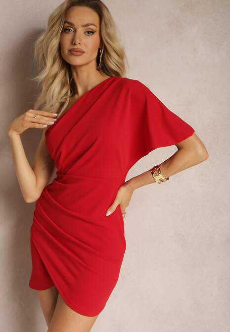 Czerwona Dopasowana Sukienka na Jedno Ramię o Asymetrycznym Fasonie Isolama