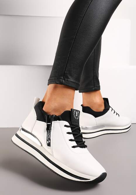 Biało-Czarne Sznurowane Sneakersy na Niskiej Platformie z Ozdobnym Suwakiem Alirapa