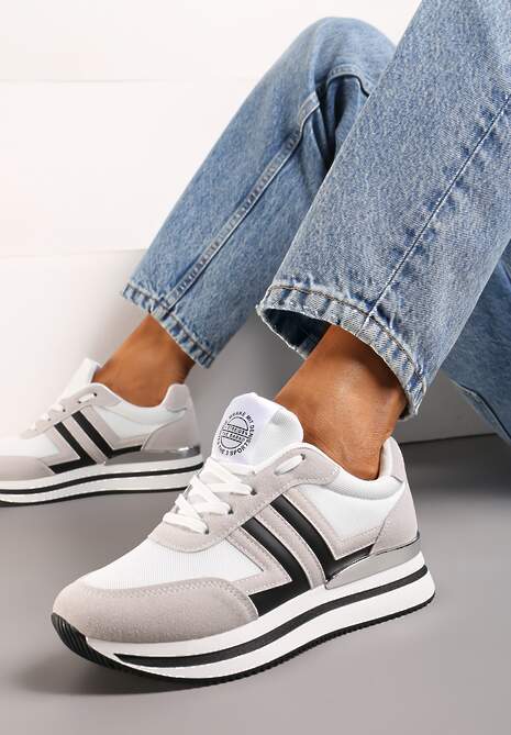 Biało-Szare Sneakersy przed Kostkę z Ozdobnymi Wstawkami na Cholewce Tailara