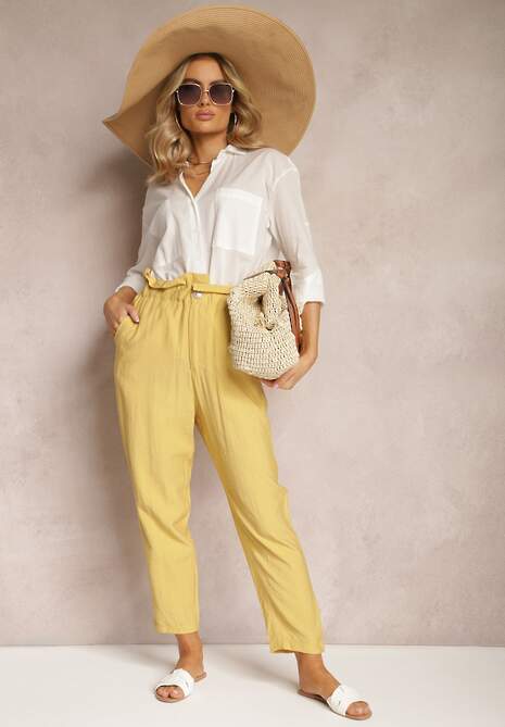 Żółte Klasyczne Spodnie z Elastyczną Talią Paper Bag Targea