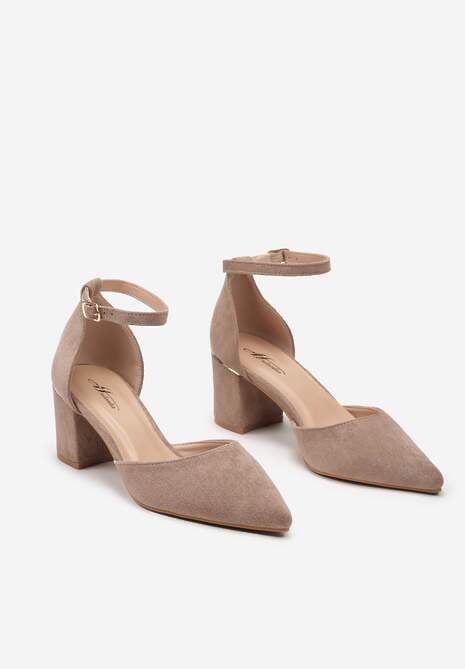 Ciemnobeżowe Czółenka na Słupku z Imitacji Zamszu z Paskiem Wokół Kostki Tagita 5