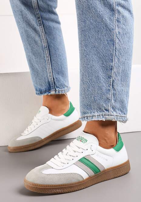 Biało-Zielone Skórzane Sneakersy z Paskami po Bokach Recinea