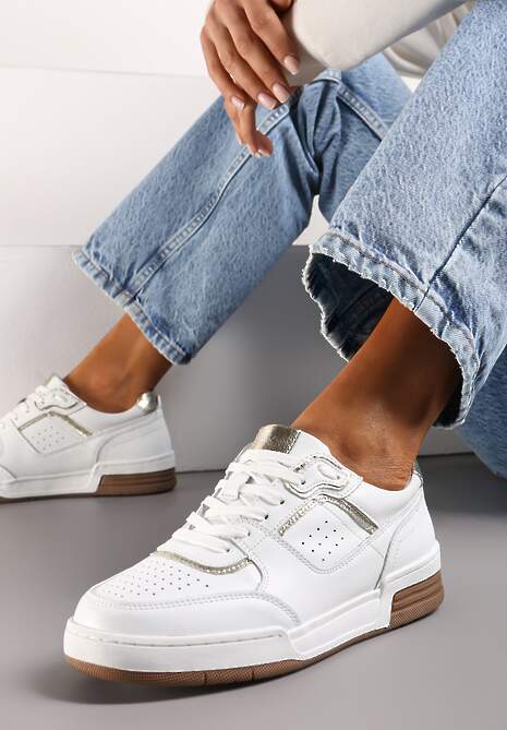 Biało-Złote Sneakersy ze Skóry Naturalnej z Metalicznymi Akcentami Hyacinte