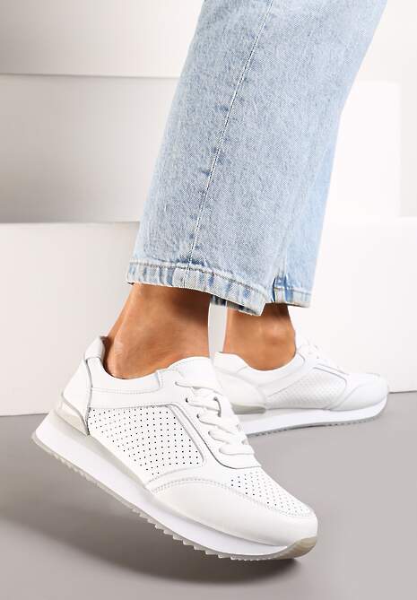 Białe Sznurowane Sneakersy ze Skóry Naturalnej z Piankową Podeszwą i Dziurkami Vincen