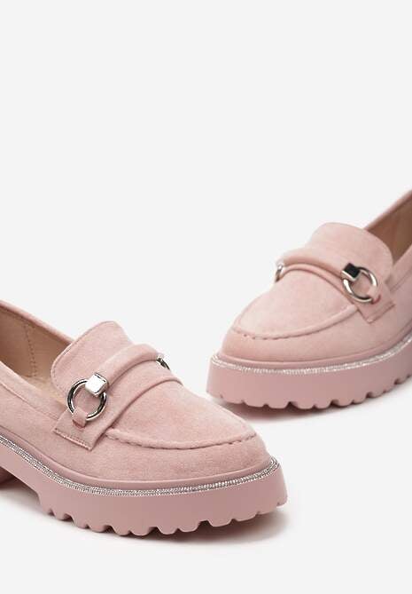 Mocasini Roz Corai din piele intoarsa ecologica cu Pietre Strass in jurul talpii si Catarama Decorativa Corvina 6
