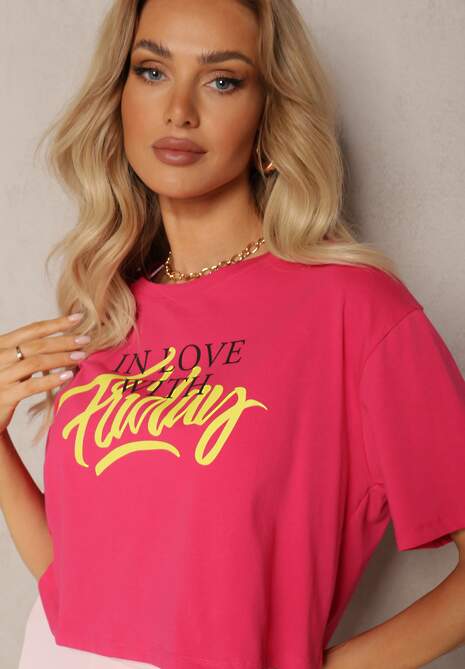 Tricou Fucsia Scurt din Bumbac cu Imprimeu pe Față Questa 5