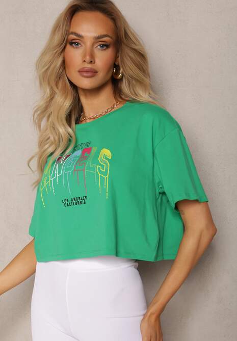 Zielony Bawełniany T-shirt Crop Top z Ozdobną Aplikacją Axindra
