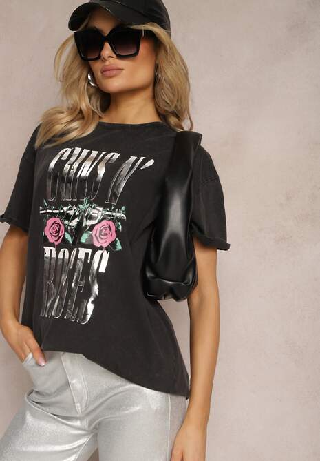 Ciemnoszary Bawełniany T-shirt z Rockowym Nadrukiem i Okrągłym Dekoltem Tahoma