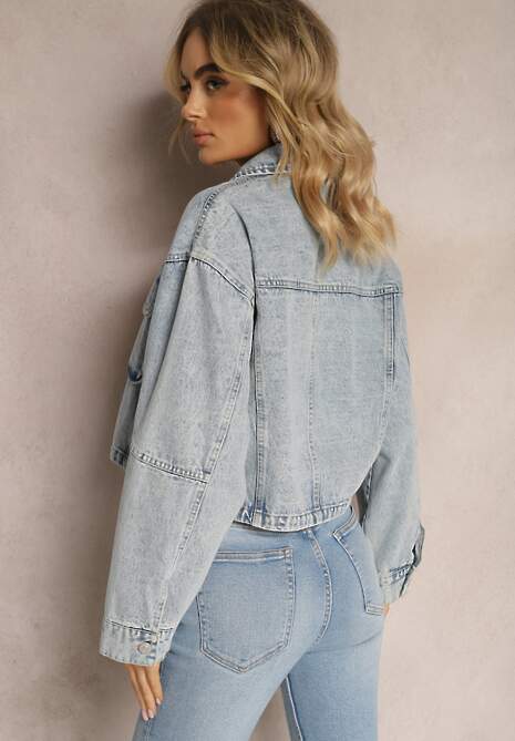 Niebieska Jeansowa Kurtka Oversize Cropped z Bawełny Tevissa 6