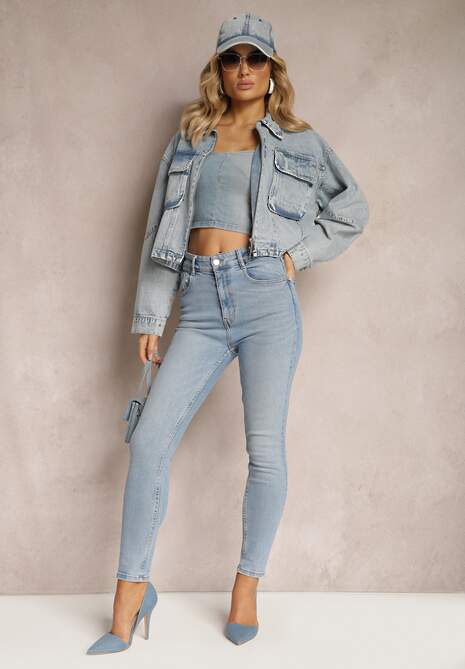 Niebieska Jeansowa Kurtka Oversize Cropped z Bawełny Tevissa 5