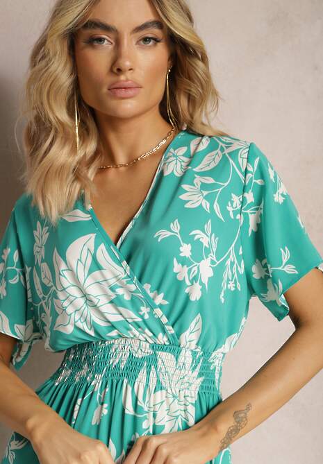 Rochie verde deschis evazată cu imprimeu floral Mareal 5