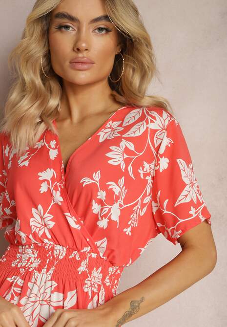 Rochie portocaliu-albă evazată tip wrap cu imprimeu floral Mareal 5