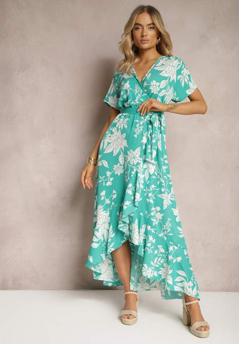 Jasnozielona Asymetryczna Sukienka Kopertowa z Gumką w Pasie i Kwiatowym Wzorem Aliraya