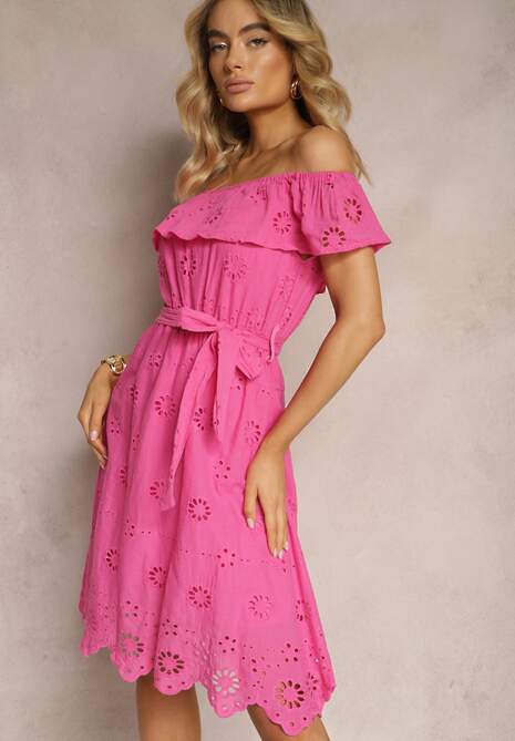 Różowa Hiszpanka Sukienka z Haftowanym Wzorem Wiązana w Talii Florana