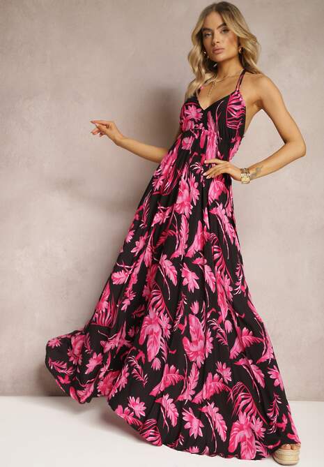 Czarno-Różowa Sukienka Maxi z Wiązanymi Ramiączkami i Rozkloszowanym Dołem z Wiskozy w Kwiaty Rakussa