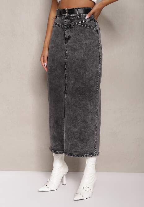 Fustă creion din denim negru-gri cu curea și fantă frontală Ivario 4