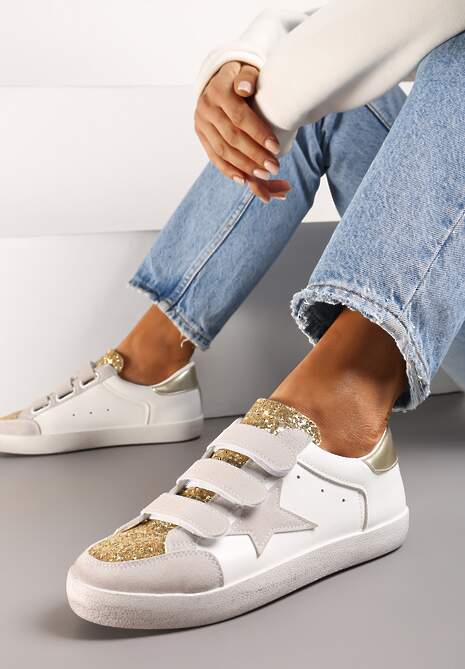 Złoto-Białe Sneakersy Ozdobione Brokatem z Rzepami Dolanda