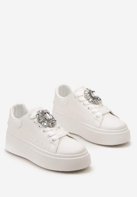 Sneakers Albi cu Talpă Groasă și Aplicație Decorativă cu Pietre Danthia 5