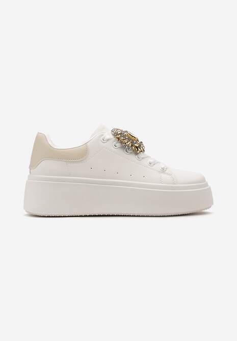Sneakerși Albi-Bej pe Talpă Groasă cu Aplicație Decorativă de Piatră Danthia 4
