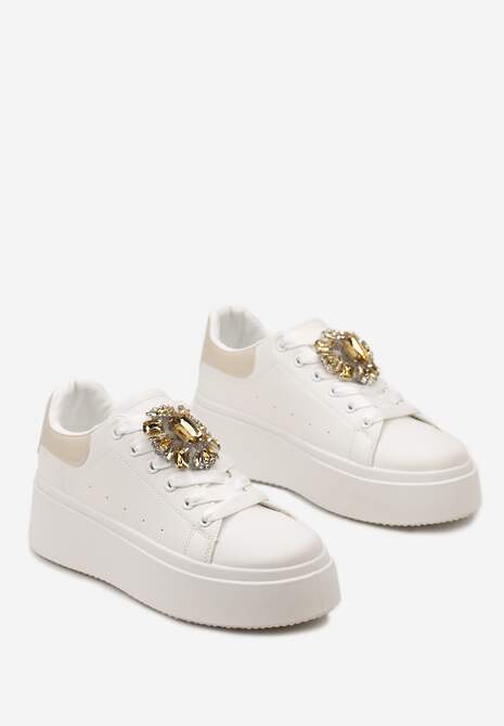 Sneakerși Albi-Bej pe Talpă Groasă cu Aplicație Decorativă de Piatră Danthia 5