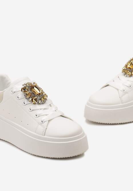 Sneakerși Albi-Bej pe Talpă Groasă cu Aplicație Decorativă de Piatră Danthia 6