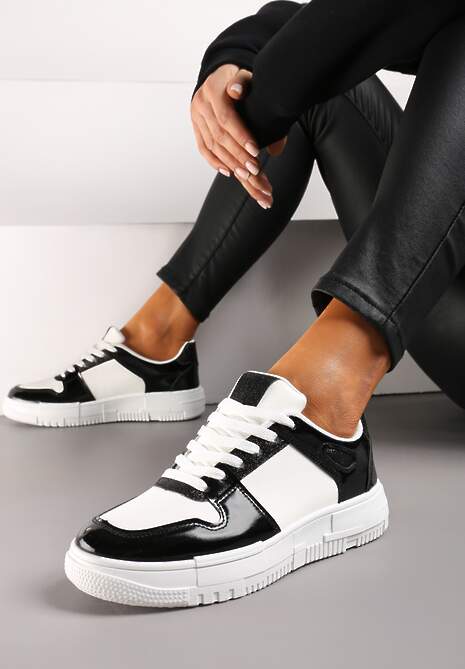 Biało-Czarne Sneakersy na Niskiej Platformie z Brokatem Nuera