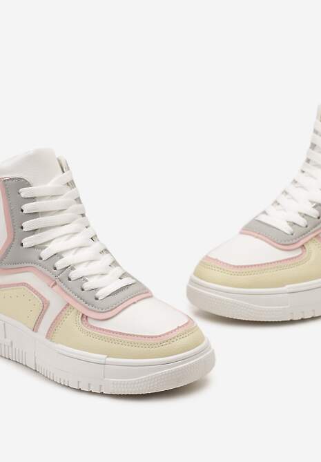 Biało-Żółte Sznurowane Sneakersy na Niskiej Platformie z Cholewką za Kostkę Ascaride 6