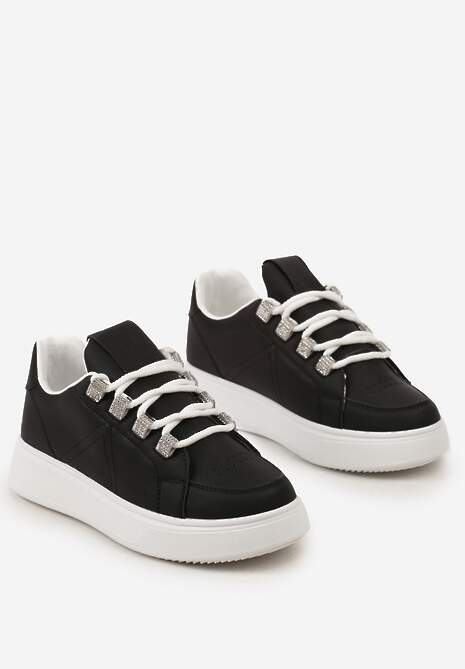 Sneakerși Negri Înnodati din Piele Ecologică pe Talpă Groasă cu Pietre Strass Decorative Nevarra 5
