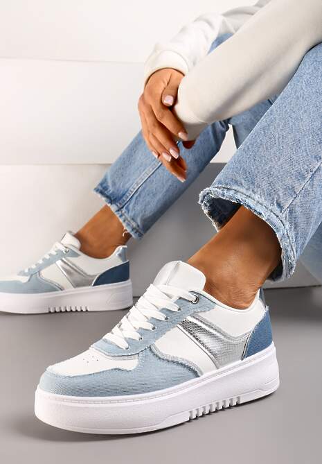Biało-Niebieskie Sneakersy na Platformie z Brokatowymi Akcentami Sellona