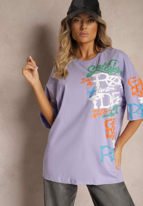 Fioletowa Koszulka T-shirt z Napisami w Stylu Graffiti z Bawełny Venoma 4