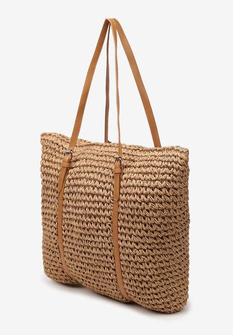 Geantă bej închis din împletitură în stil boho cu mânere decorative Iltanin 4