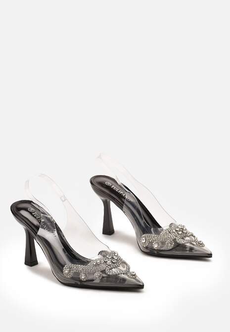 Sandale Negre Transparente cu Toc Stiletto și Pietre Strass și Călcâi Deschis Nadifra 5