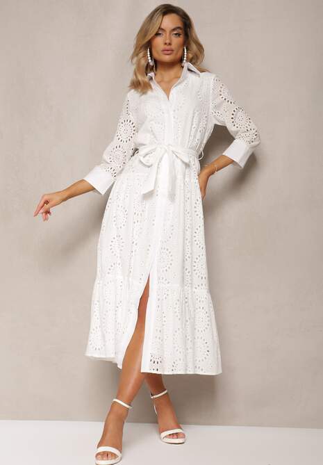 Biała Ażurowa Sukienka Koszulowa z Bawełnianej Tkaniny Felicema