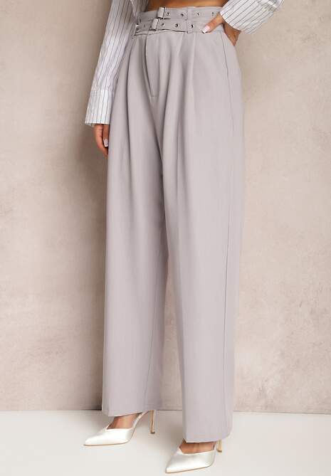 Pantaloni Gri High Waist Stil Costum cu Curele și Catarame Daklena 4